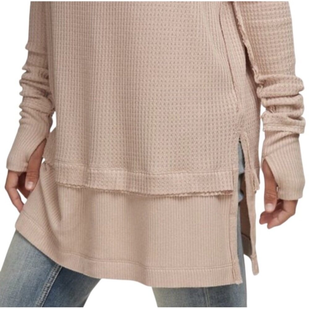 We The Free People Medium North Shore Thermal Tunic Top Beige Waffle Knit Blouse
